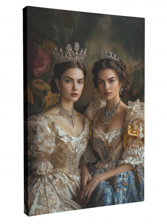 Tablouri personalizate Royal - Un tablou personalizat cu două prințese îmbrăcate în rochii regale, purtând coroane și bijuterii rafinate.