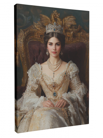 Tablouri personalizate Royal - Un tablou personalizat cu o femeie îmbrăcată în rochie regală, purtând o coroană și bijuterii rafinate, pe un tron regal.