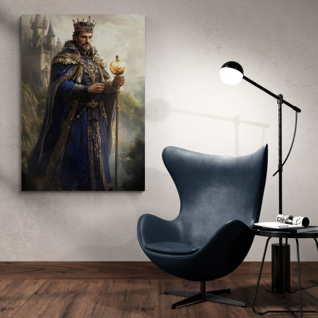 Un tablou personalizat cu un bărbat îmbrăcat ca un rege, purtând o coroană și o mantie, într-un decor medieval impresionant. [1]