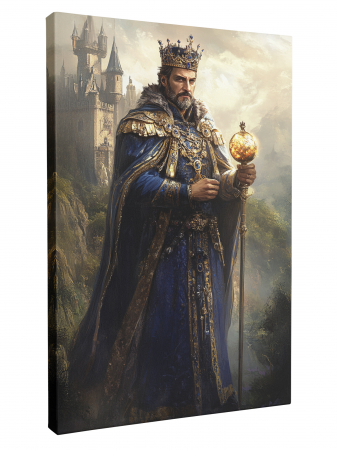 Tablouri personalizate Royal - Un tablou personalizat cu un bărbat îmbrăcat ca un rege, purtând o coroană și o mantie, într-un decor medieval impresionant.