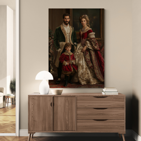 Un tablou personalizat cu o familie regală, în haine de epocă elegante, într-un decor clasic și sofisticat. [1]