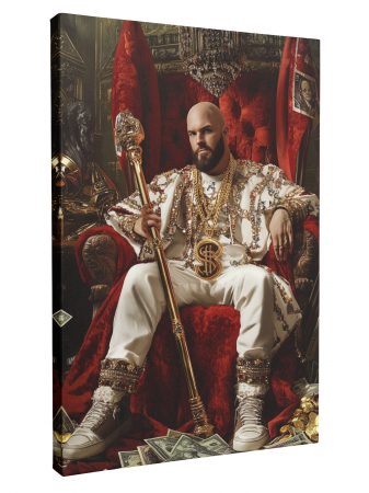 Tablouri personalizate Royal - Un tablou personalizat cu un bărbat îmbrăcat în haine moderne, pe un tron roșu, înconjurat de bani și bijuterii.