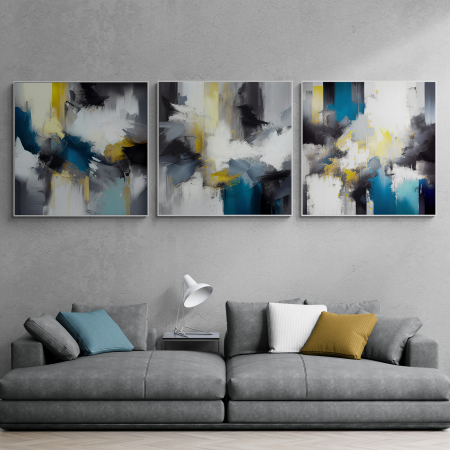 Set Tablouri Abstracte - Set 3 tablouri, Intaglio, Abstracte, color, Model minimalist, nuante de alb, galben si albastru, printuri moderne, pentru dormitor, living
