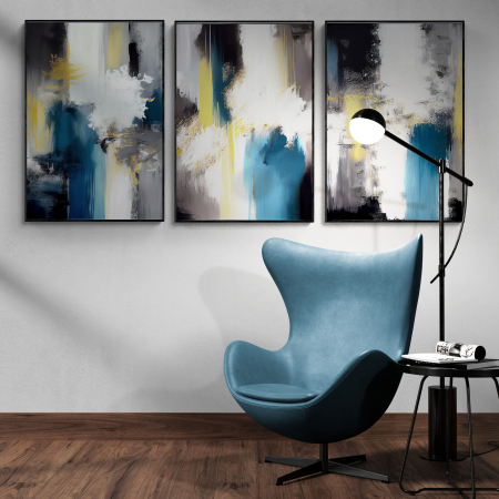 Set Tablouri Abstracte - Set 3 tablouri, Intaglio, Abstracte, color, Model minimalist, nuante de alb si albastru, printuri moderne, pentru birou