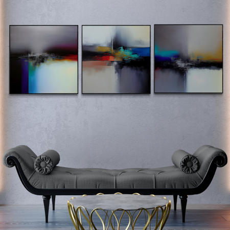 Set Tablouri Abstracte - Set 3 tablouri, Intaglio, Abstracte, color, Model minimalist, nuante de albastru si gri, printuri moderne, pentru dormitor, living