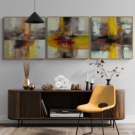 Set Tablouri Abstracte - Set 3 tablouri, Intaglio, Abstracte, color, Model minimalist, nuante de galben, printuri moderne, pentru bucatarie, hol