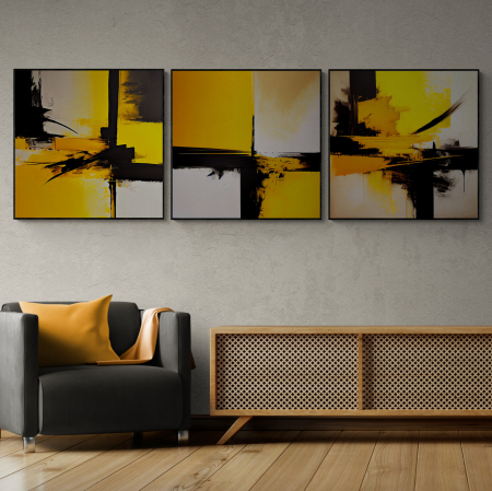 Set Tablouri Abstracte - Set 3 tablouri, Intaglio, Abstracte, color, Model minimalist, nuante de galben, printuri moderne, pentru living, hol