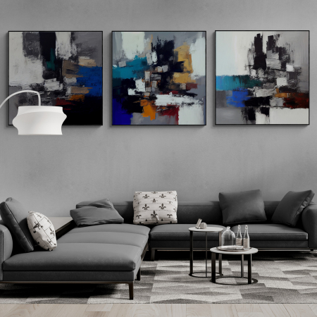 Set Tablouri Abstracte - Set 3 tablouri, Intaglio, Abstracte, color, Model minimalist, nuante de gri, galben si albastru, printuri moderne, pentru dormitor, living