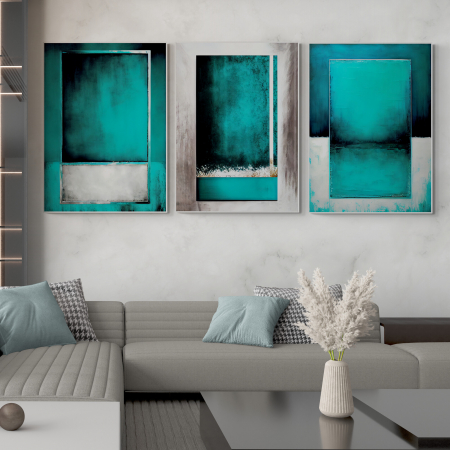 Set Tablouri Abstracte - Set 3 tablouri, Intaglio, Abstracte, color, Model minimalist, nuante de gri si turcuaz, printuri moderne, pentru living