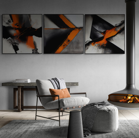 Set Tablouri Abstracte - Set 3 tablouri, Intaglio, Abstracte, color, Model minimalist, nuante de negru, portocaliu, printuri moderne, pentru living