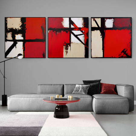 Set Tablouri Abstracte - Set 3 tablouri, Intaglio, Abstracte, color, Model minimalist, nuante de rosu, printuri moderne, pentru living, hol