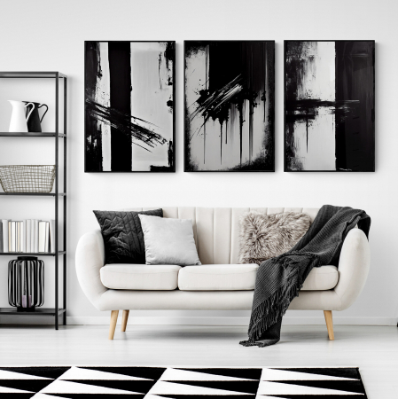 Set Tablouri Abstracte - Set 3 tablouri, Intaglio, Abstracte, Model minimalist, nuante de negru si gri, printuri moderne, pentru living