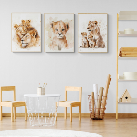 Tablouri Copii - Tablou canvas modern cu leii în stil acuarela pentru copii.