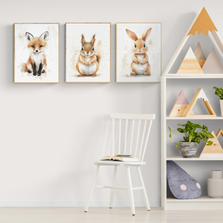 Tablouri Copii - Set de 3 tablouri canvas stil acuarela cu animale pentru copii