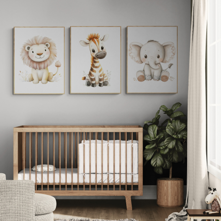 Tablouri Copii - Set tablouri canvas leu, girafă, elefant pentru camera bebeluș