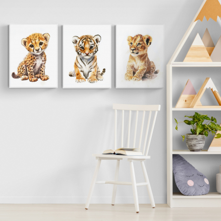 Tablouri Copii - Set de 3 tablouri canvas abstracte cu leu, tigru, leopard pentru copii