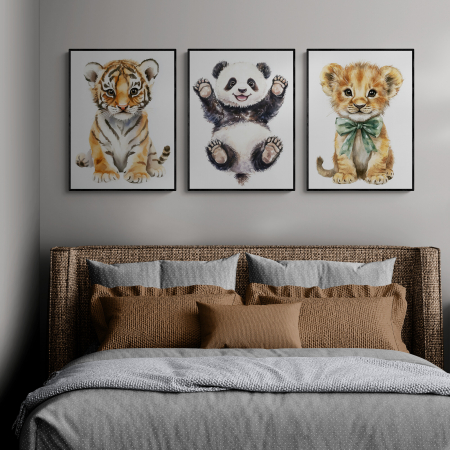 Tablouri Copii - Set 3 tablouri, Intaglio, Animatie, Leu, Tigru, Panda, printuri moderne cu animale, pentru camera de joaca copii