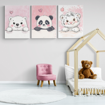 Tablouri Copii - Set de 3 tablouri canvas abstracte cu panda și tigru, nuanțe de alb și roz.
