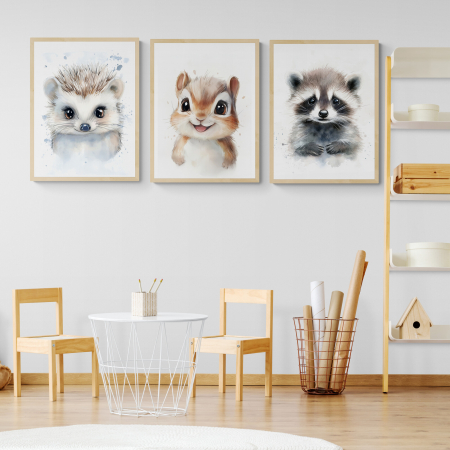 Tablouri Copii - Set de 3 tablouri canvas cu animale în stil acuarela