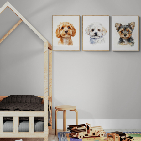 Tablouri Copii - Set de 3 tablouri canvas cu portrete de cățeluși, moderne