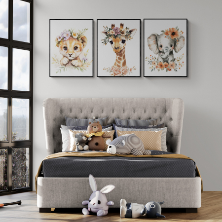 Tablouri Copii - Set de 3 tablouri canvas cu animație și pui de animăluțe