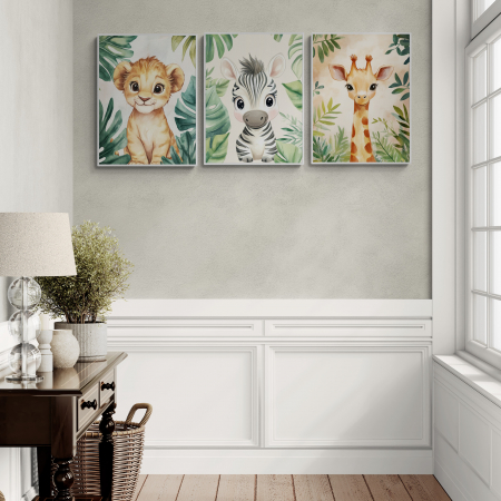 Tablouri Copii - Set de 3 tablouri abstracte moderne pentru copii, cu animale și flori