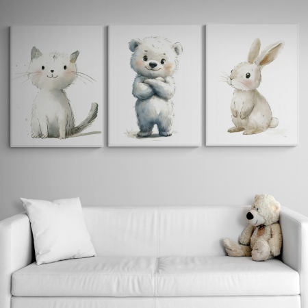 Tablouri Copii - Set 3 tablouri, Intaglio, Animatie, Pisica, Urs, Iepuras, printuri moderne cu animale in nuante de alb, pentru camera copii