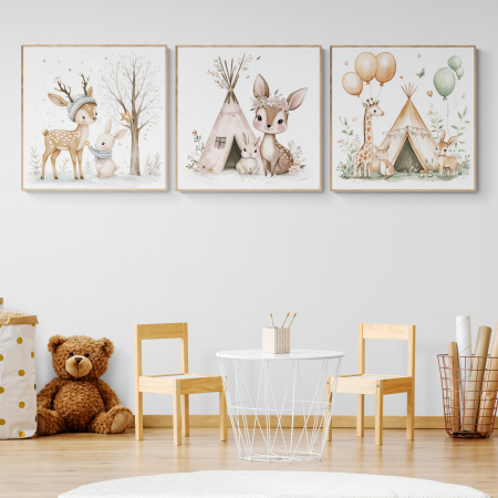 Tablouri Copii - Set de 3 tablouri cu animale abstracte pentru camera de joacă.