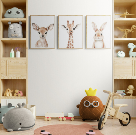 Tablouri Copii - Set 3 tablouri canvas - Iepuraș, Caprioară, Girafă pentru copii