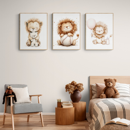 Tablouri Copii - Set de 3 tablouri cu leu pentru camera copiilor, stil modern.