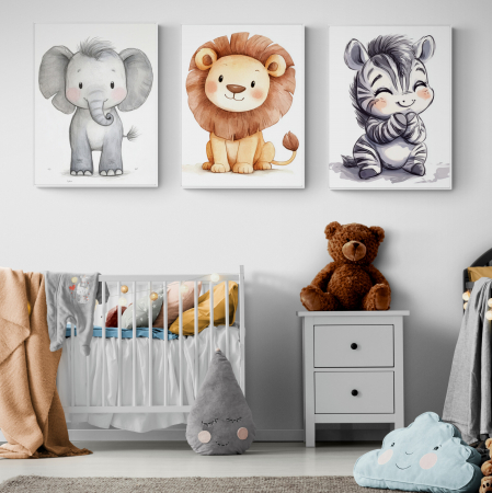 Tablouri Copii - Set de 3 tablouri abstracte cu animale pentru copii, fundal alb