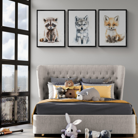 Tablouri Copii - Set de 3 tablouri canvas cu animale pentru copii: raton, vulpiță, lup.