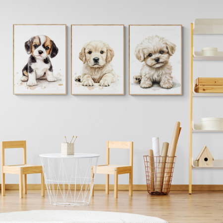 Tablouri Copii - Set de 3 tablouri moderne pentru loc de joacă: Intaglio, Animatie, Pui de Catelusi.