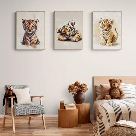 Tablouri Copii - Set de 3 tablouri canvas cu pui de tigru, stil abstract și modern.