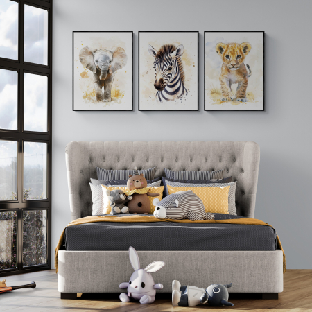 Tablouri Copii - Set de 3 tablouri canvas abstracte cu zebra, leu, elefant în acuarela.