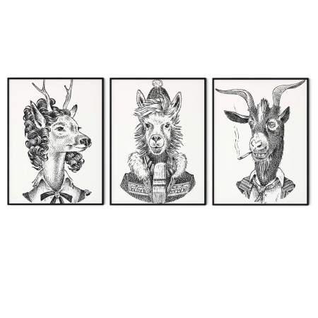 Set 3 tablouri, Intaglio, Animale II, print pe hartie foto Fine Art, Alb Negru, postere portret animale salbatice, pentru camera living [2]