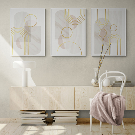 Set Tablouri Abstracte - Set 3 tablouri, Intaglio, Stil Abstracte, print pe hartie foto Fine Art, Albastru Auriu, postere moderne, geometrice, pentru living