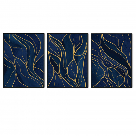 Set 3 tablouri, Intaglio, Stil Abstracte, print pe hartie foto Fine Art, Auriu, postere moderne, fundal albastru bleomarin, pentru living [5]