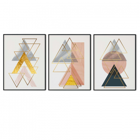 Set 3 tablouri, Intaglio, Stil Abstracte, print pe hartie foto Fine Art, Auriu, forme geometrice, triunghiuri roz, postere moderne, pentru living [5]