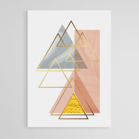 Set 3 tablouri, Intaglio, Stil Abstracte, print pe hartie foto Fine Art, Auriu, forme geometrice, triunghiuri roz, postere moderne, pentru living [4]