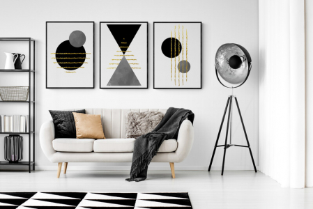 Set Tablouri Abstracte - Set 3 tablouri, Intaglio, Stil Abstracte, print pe hartie foto Fine Art, Auriu, Forme minimaliste, postere moderne, fundal alb, pentru dormitor, living