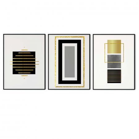 Set 3 tablouri, Intaglio, Stil Abstracte, print pe hartie foto Fine Art, Auriu, forme geometrice, postere moderne, pentru living [5]