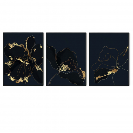 Set 3 tablouri, Intaglio, Stil Abstracte, print pe hartie foto Fine Art, Auriu, Flori pe fundal negru, postere moderne, pentru living [5]