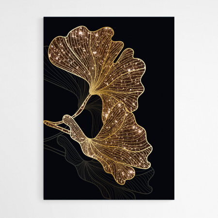 Set 3 tablouri, Intaglio, Stil Abstracte, print pe hartie foto Fine Art, Auriu, Frunze elegante, postere moderne, fundal negru, pentru dormitor, living [2]