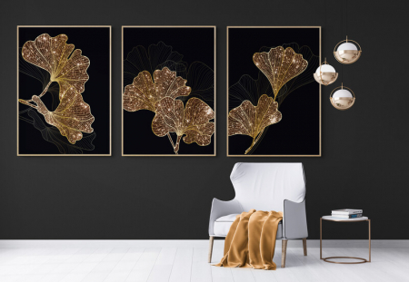 Set Tablouri Abstracte - Set 3 tablouri, Intaglio, Stil Abstracte, print pe hartie foto Fine Art, Auriu, Frunze elegante, postere moderne, fundal negru, pentru dormitor, living