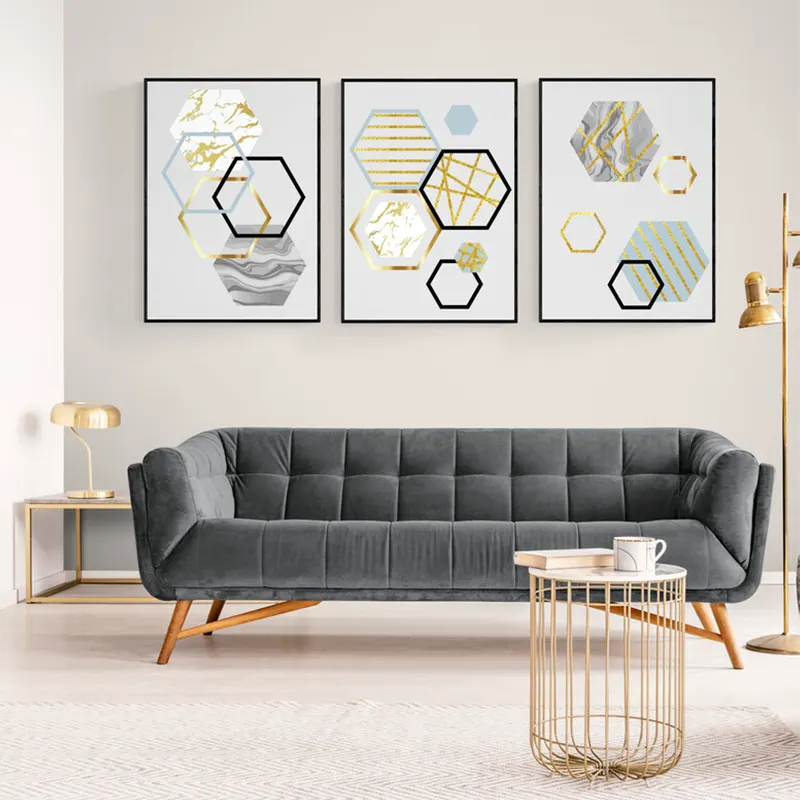 Set Tablouri Abstracte - Set 3 tablouri, Intaglio, Stil Abstracte, print pe hartie foto Fine Art, Auriu, postere moderne, forme geometrice, pentru living