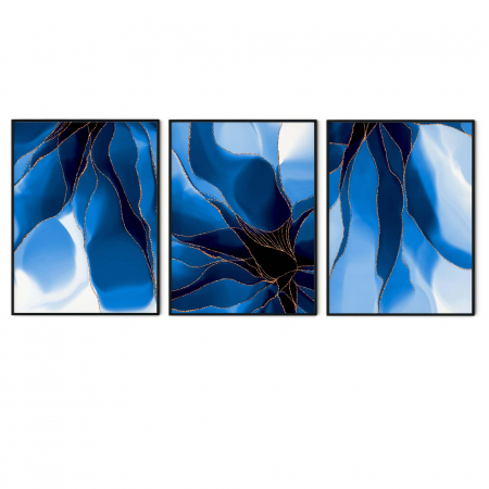 Set 3 tablouri, Intaglio, Stil Abstracte, print pe hartie foto Fine Art, Flori, Albastru, postere elegante, pentru living, dormitor [5]