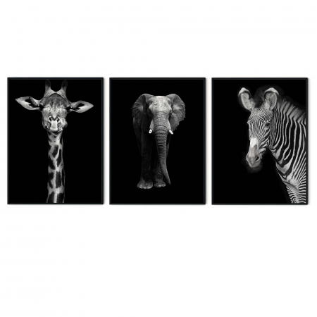 Set 3 tablouri, Intaglio, Stil Abstracte, print pe hartie foto Fine Art, Gri, Animale, postere portret animale salbatice, pentru camera living [1]