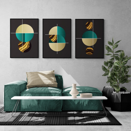 Set Tablouri Abstracte - Set 3 tablouri, Intaglio, Stil Abstracte, print pe hartie foto Fine Art, postere moderne cu fundal negru, forme geometrice, cercuri pentru living