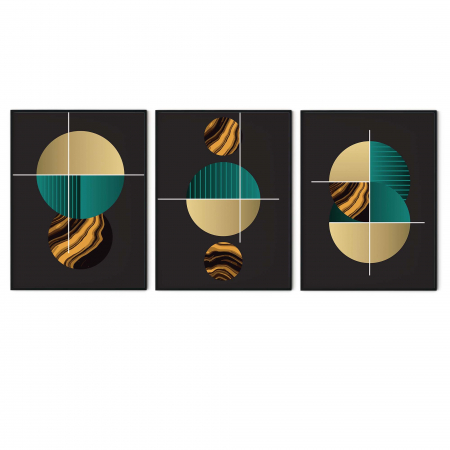 Set 3 tablouri, Intaglio, Stil Abstracte, print pe hartie foto Fine Art, postere moderne cu fundal negru, forme geometrice, cercuri pentru living [5]